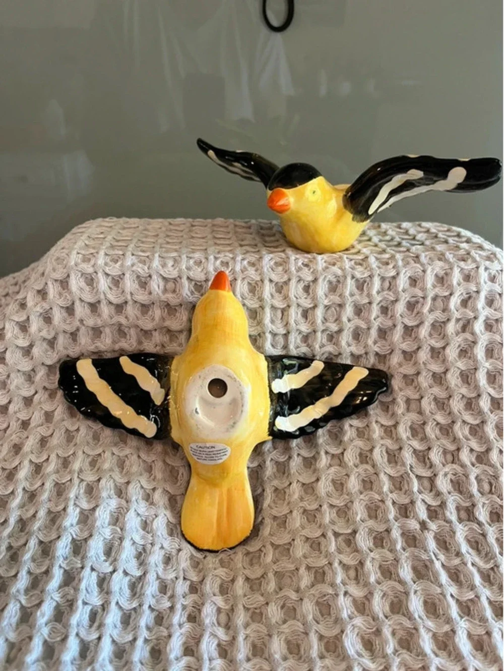 Pristine Pair of Vintage Mid-Century Ceramic Yellow Goldfinch Bird votive T464